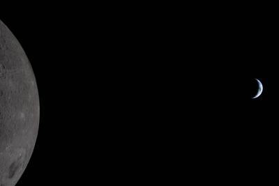 Moon and crescent Earth together, wide view
